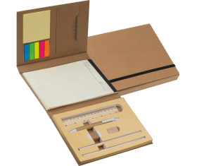 Writing case with cardboard cover, ruler, writing pad and adhesive markers