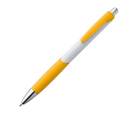 Plastic ball pen with white shaft and rubber grip zone